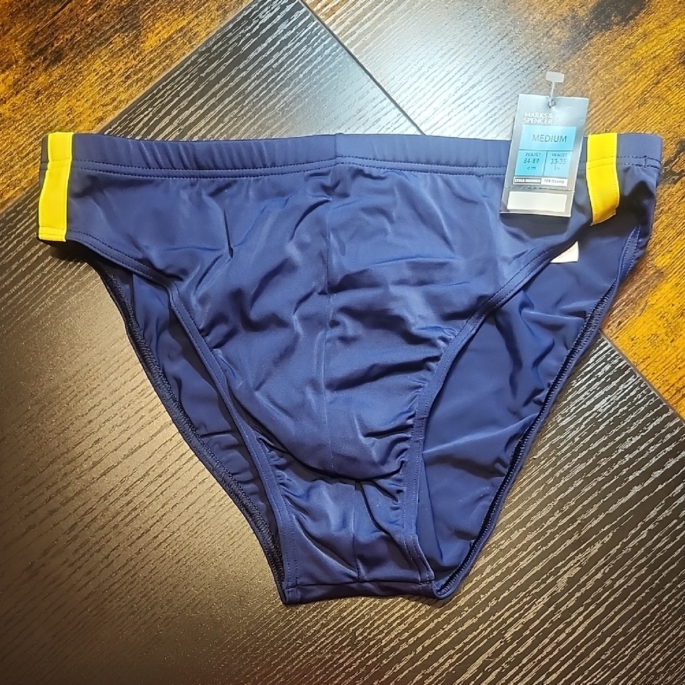 Marks & Spencer Navy Swim Briefs with Yellow Stripe